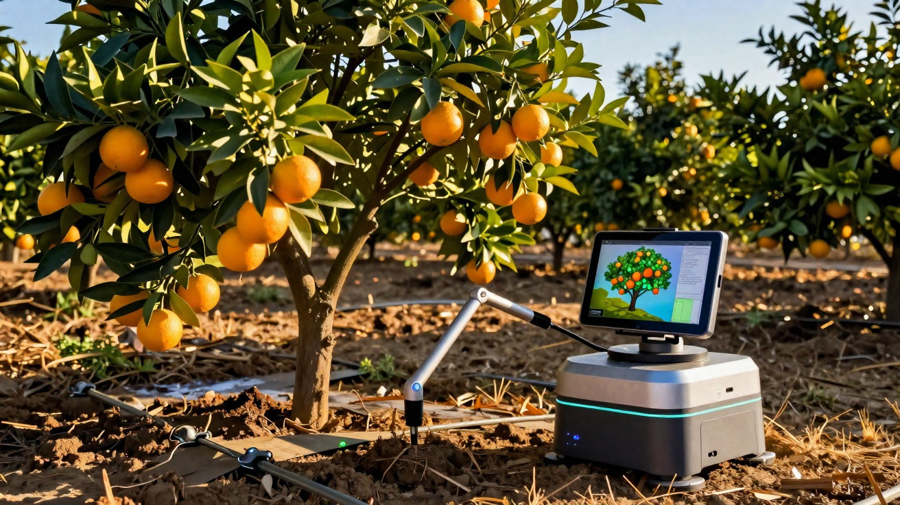 Roboter mit Bildschirm und Greifarm erfasst Früchte an Orangenbäumen in einem sonnigen Obstgarten.