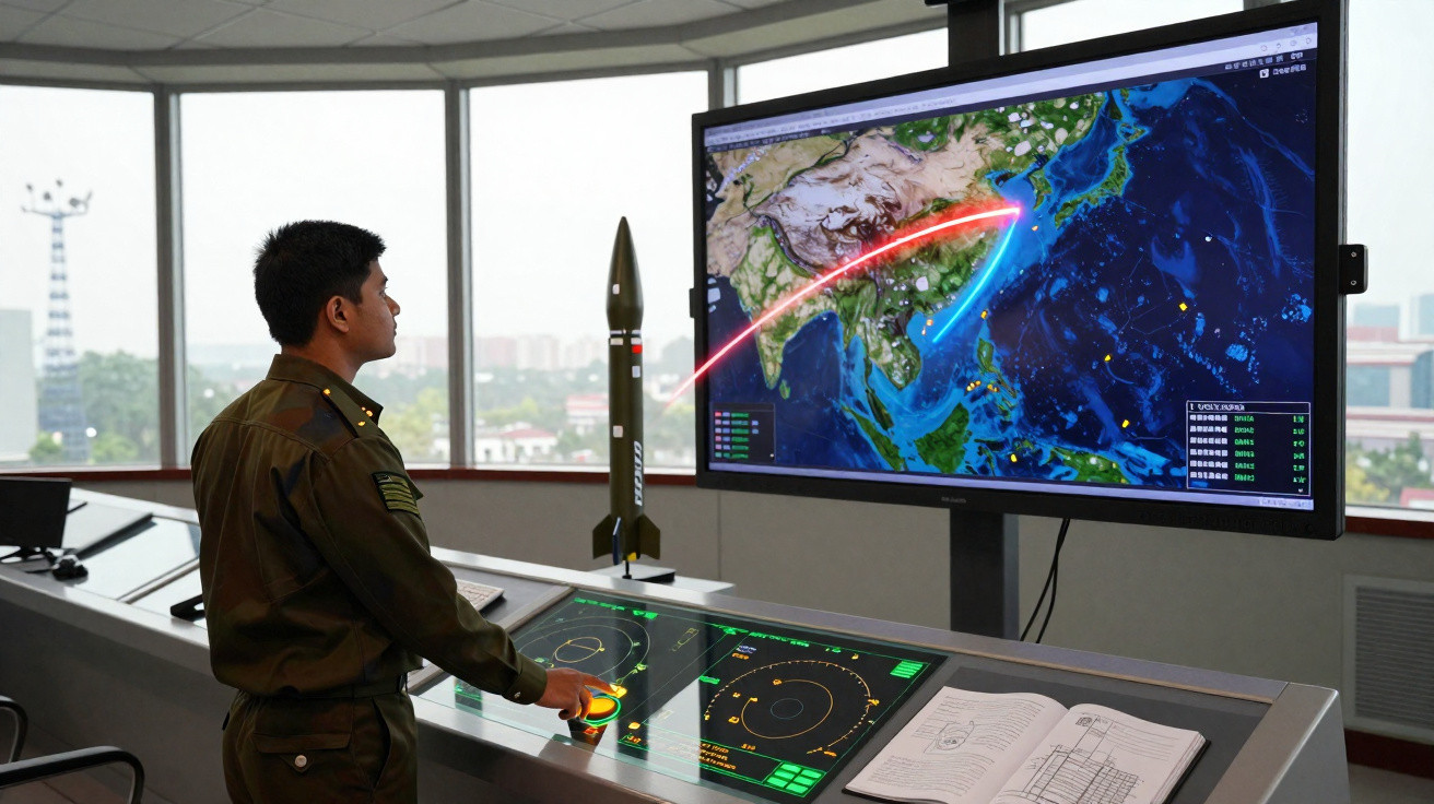 Militärangehöriger überwacht Raketensimulation mit digitalen Karten und Kontrollpanel in einem Kommandoraum.