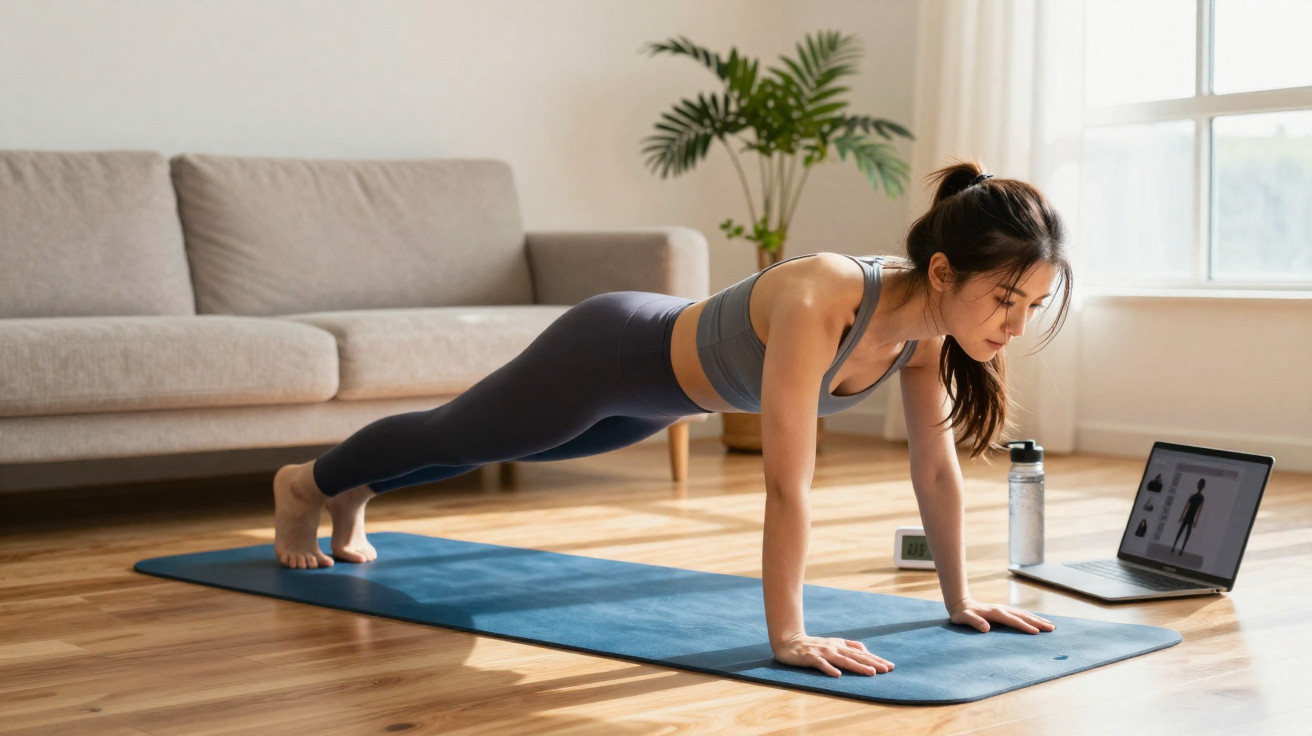 Frau macht Liegestütze auf Yogamatte im Wohnzimmer vor offenem Laptop mit Fitness-Video.