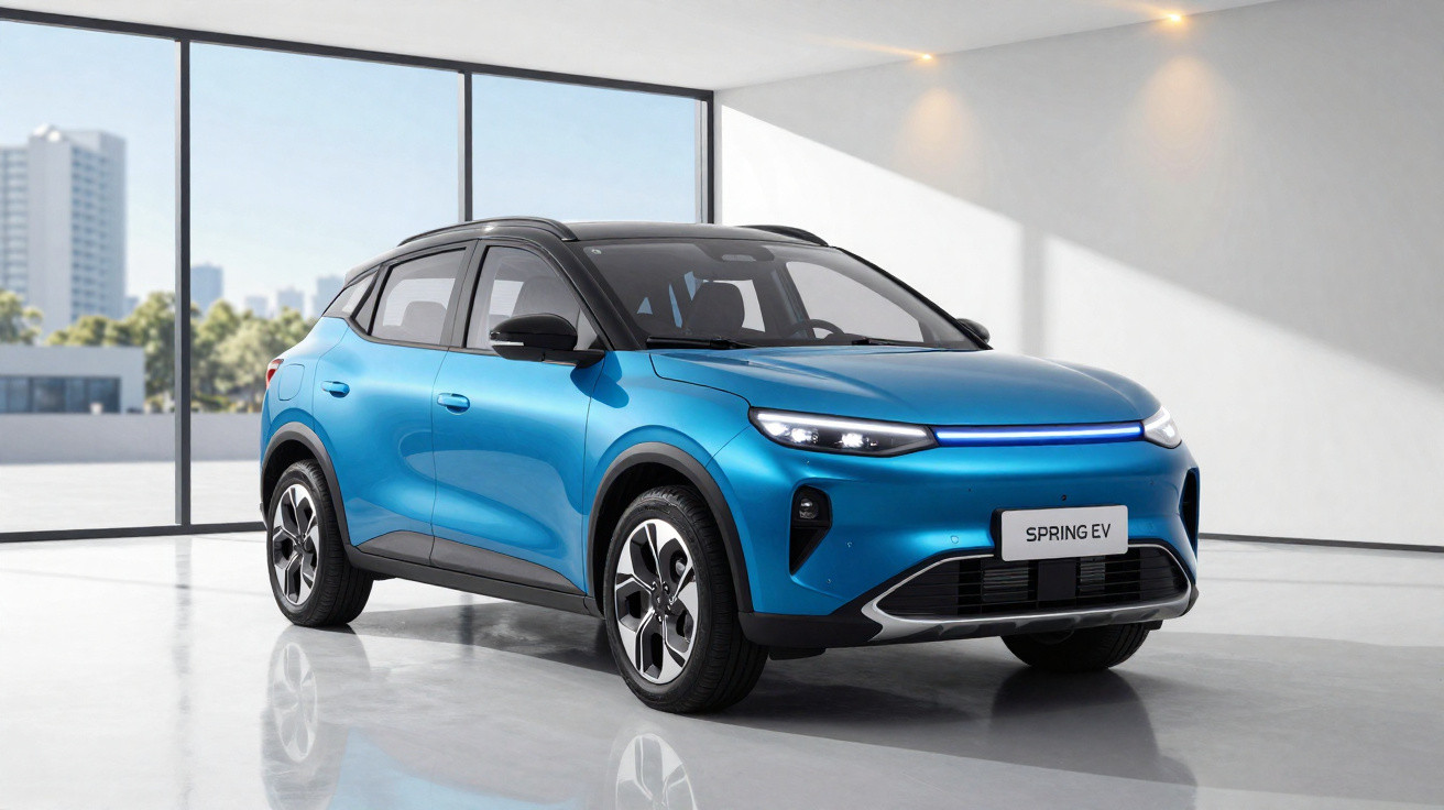 Blauer elektrischer SUV Spring EV in modernem weißen Ausstellungsraum mit großen Fenstern und Stadtblick.