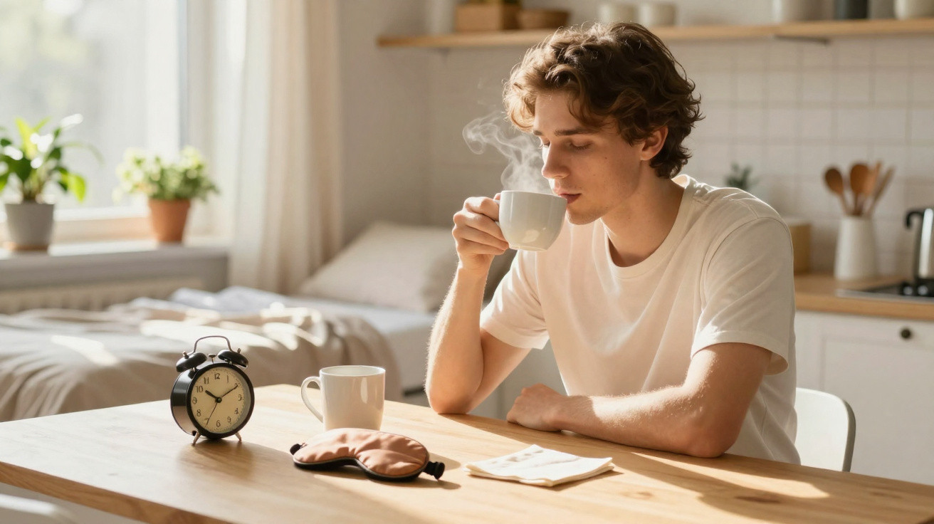 Junger Mann trinkt Kaffee am Frühstückstisch mit Wecker, Schlafmaske und Tageslicht im Hintergrund.