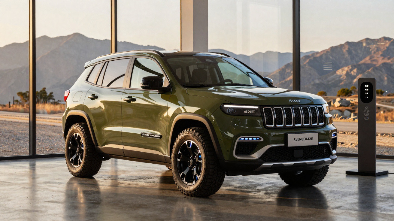 Grüner Jeep Avenger 4xe SUV steht in modernem Showroom mit Panoramafenstern und Berglandschaft im Hintergrund.