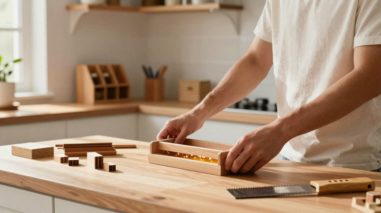 Person baut mit Holzstäbchen und Werkzeug auf einem hellen Holztisch in einer modernen Küche.