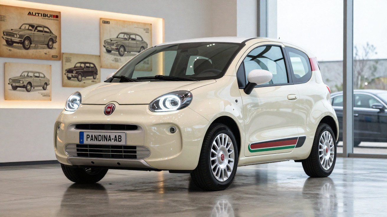 Beiger Fiat Panda Kleinwagen mit italienischer Flagge auf der Seite in modernem Ausstellungsraum.