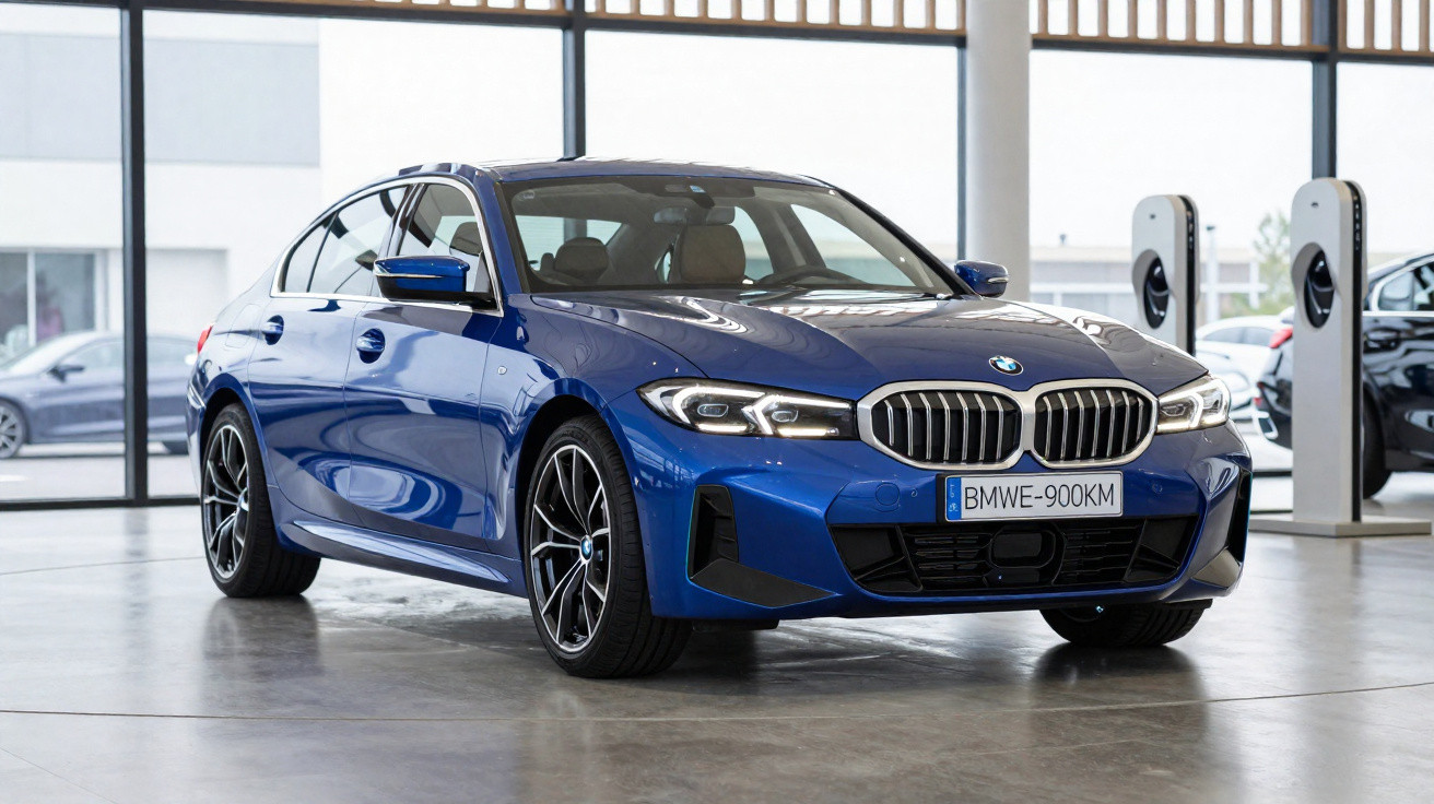 Blauer BMW 3er steht in modernem Showroom mit Glasfenstern und Elektroladestationen im Hintergrund.