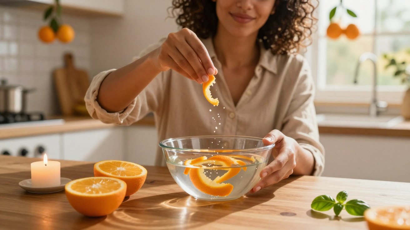 Frau gibt Orangenschale in eine Glasschüssel mit Wasser in einer hellen Küche am Holztisch.