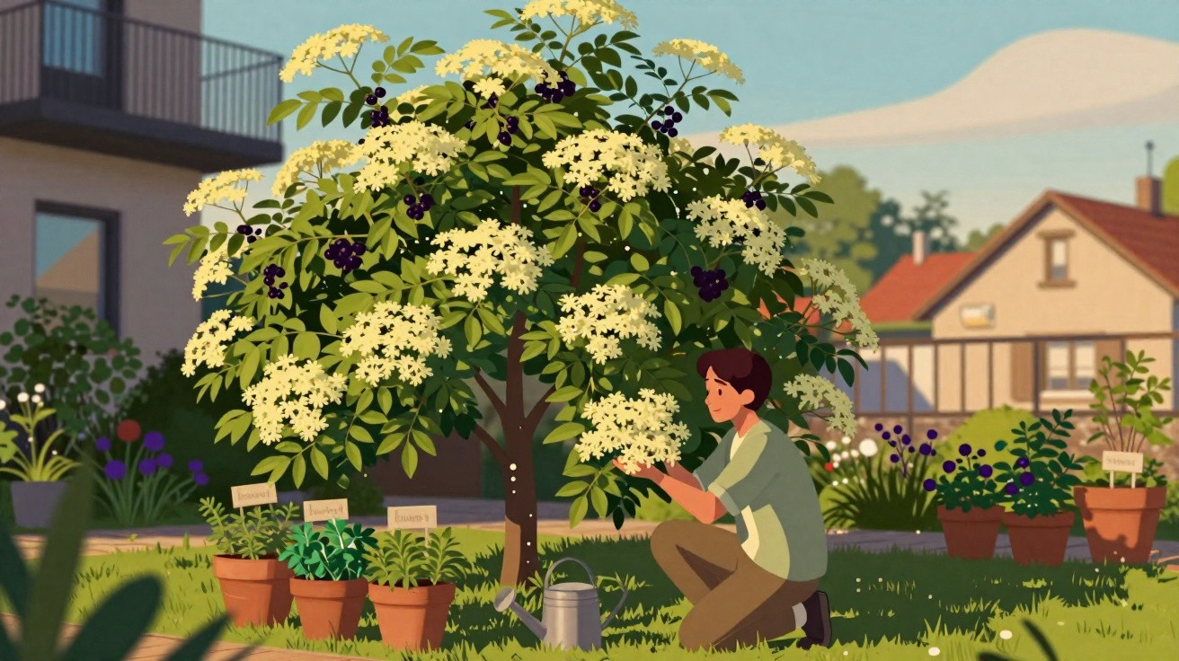 Junge pflanzt blühenden Holunderbaum im Garten mit Topfpflanzen und eigenem Haus im Hintergrund.