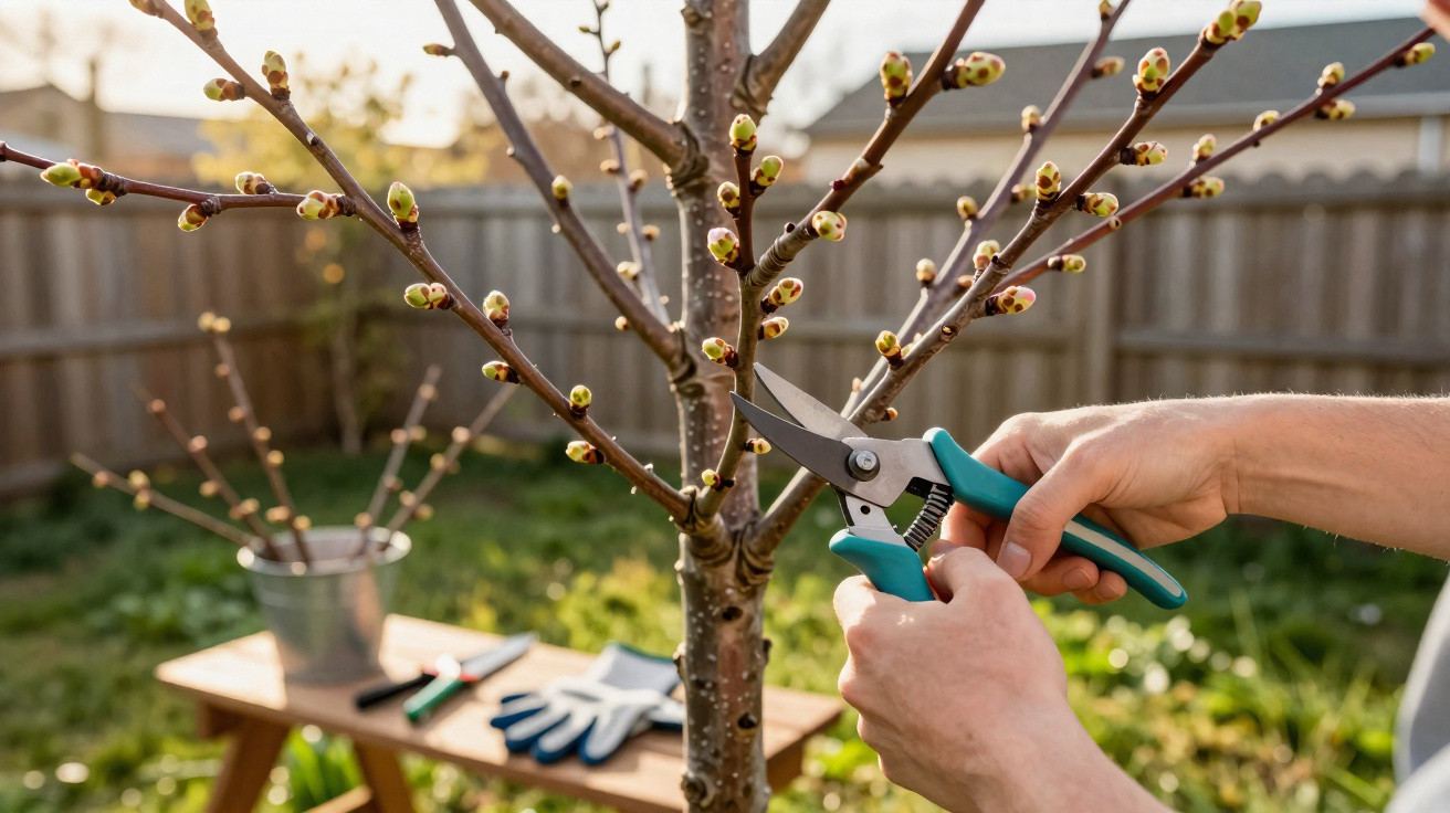 Frau schneidet mit Gartenschere Knospen an einem Obstbaum im sonnigen Garten zurück.