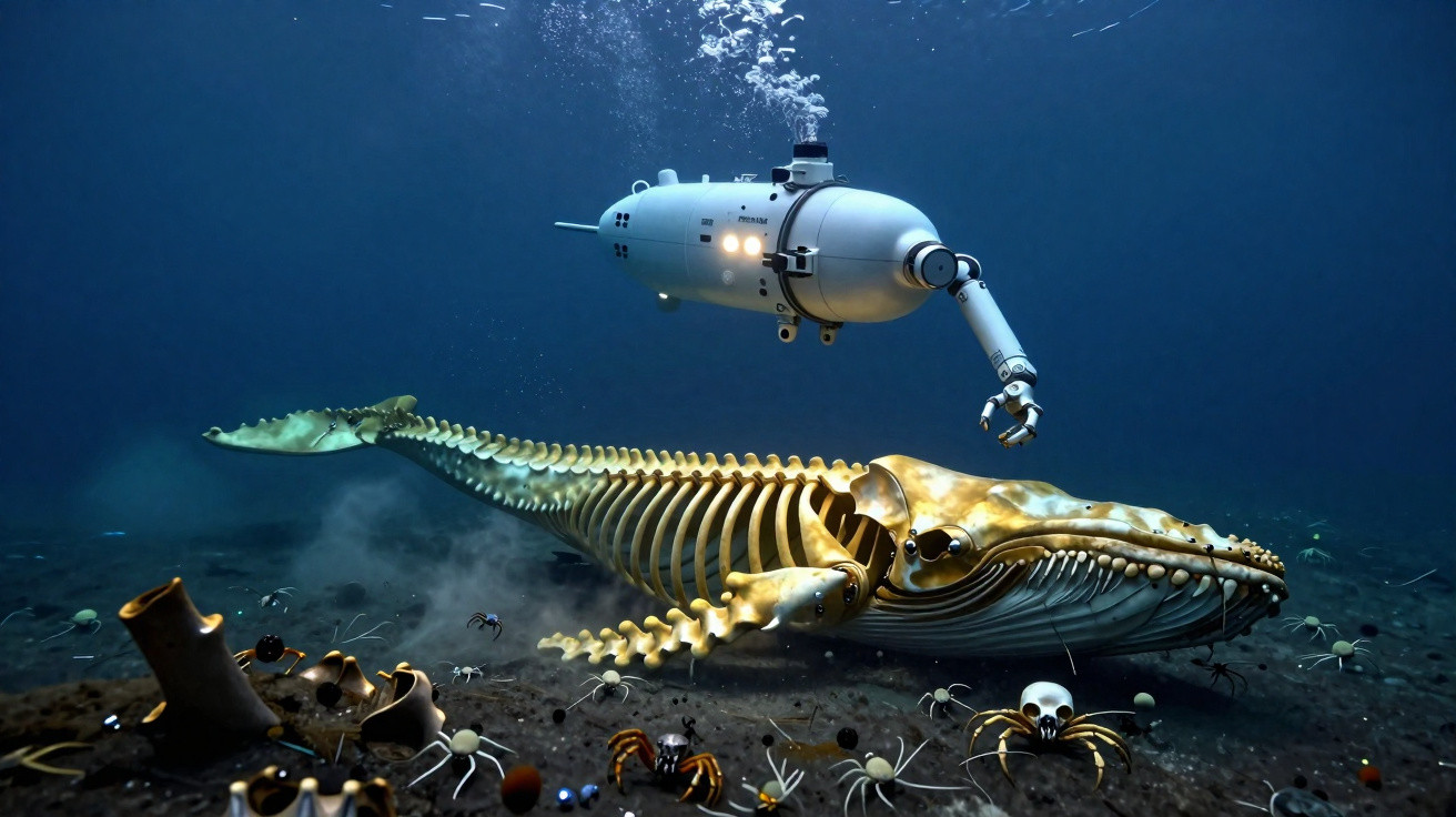 Unterwasserroboter untersucht riesiges Skelett eines Wals auf Meeresboden, umgeben von Spinnen und Schädeln.