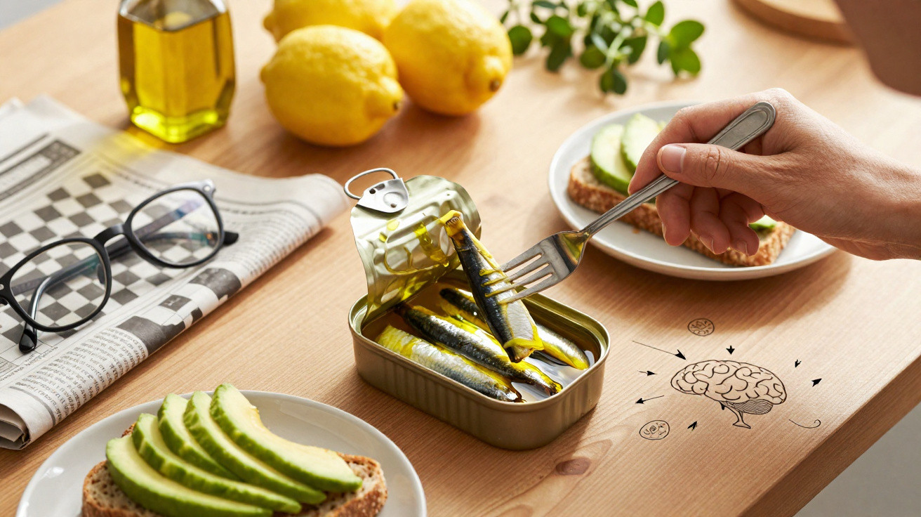 Hand hält Gabel über geöffnete Sardinenbüchse, Avocadobrot, Zitronen, Zeitung und Brille auf Holztisch.