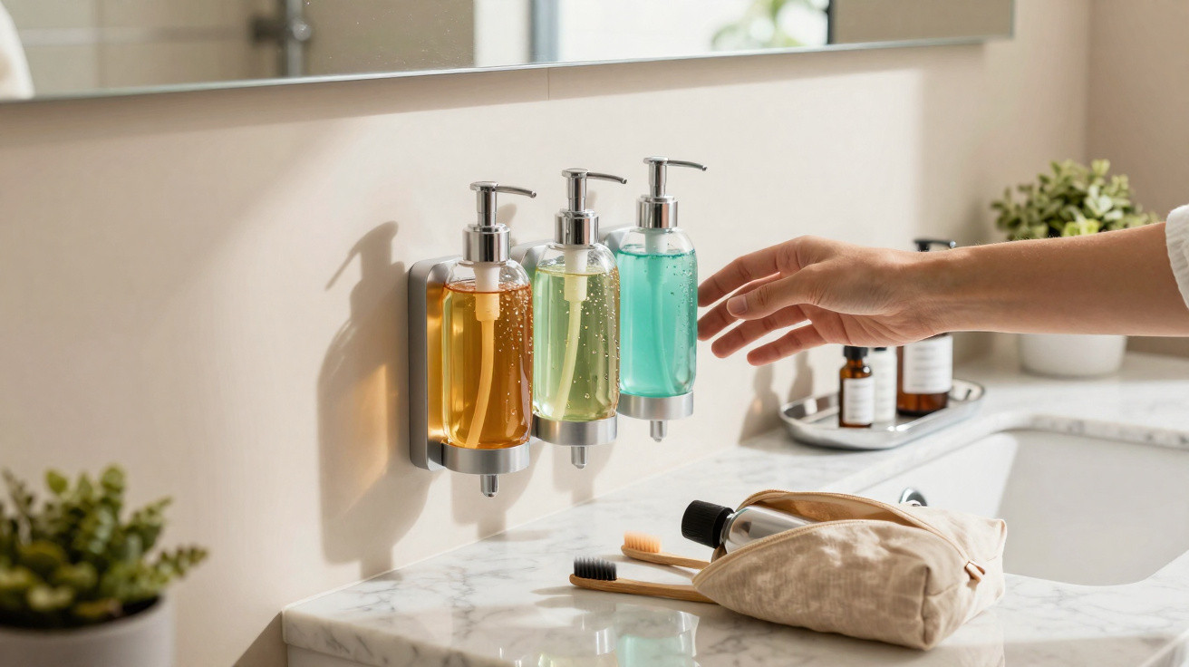 Drei Wandspender mit Seifen über Waschbecken, Hand greift nach blauem Spender, Zahnbürsten und Tasche auf Marmorplatte.