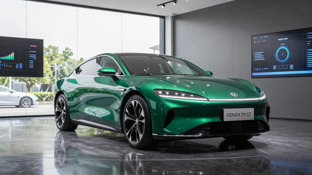 Grünes Elektroauto Denza Z9 GT in modernem Showroom mit großen Fenstern und digitalen Bildschirmen.