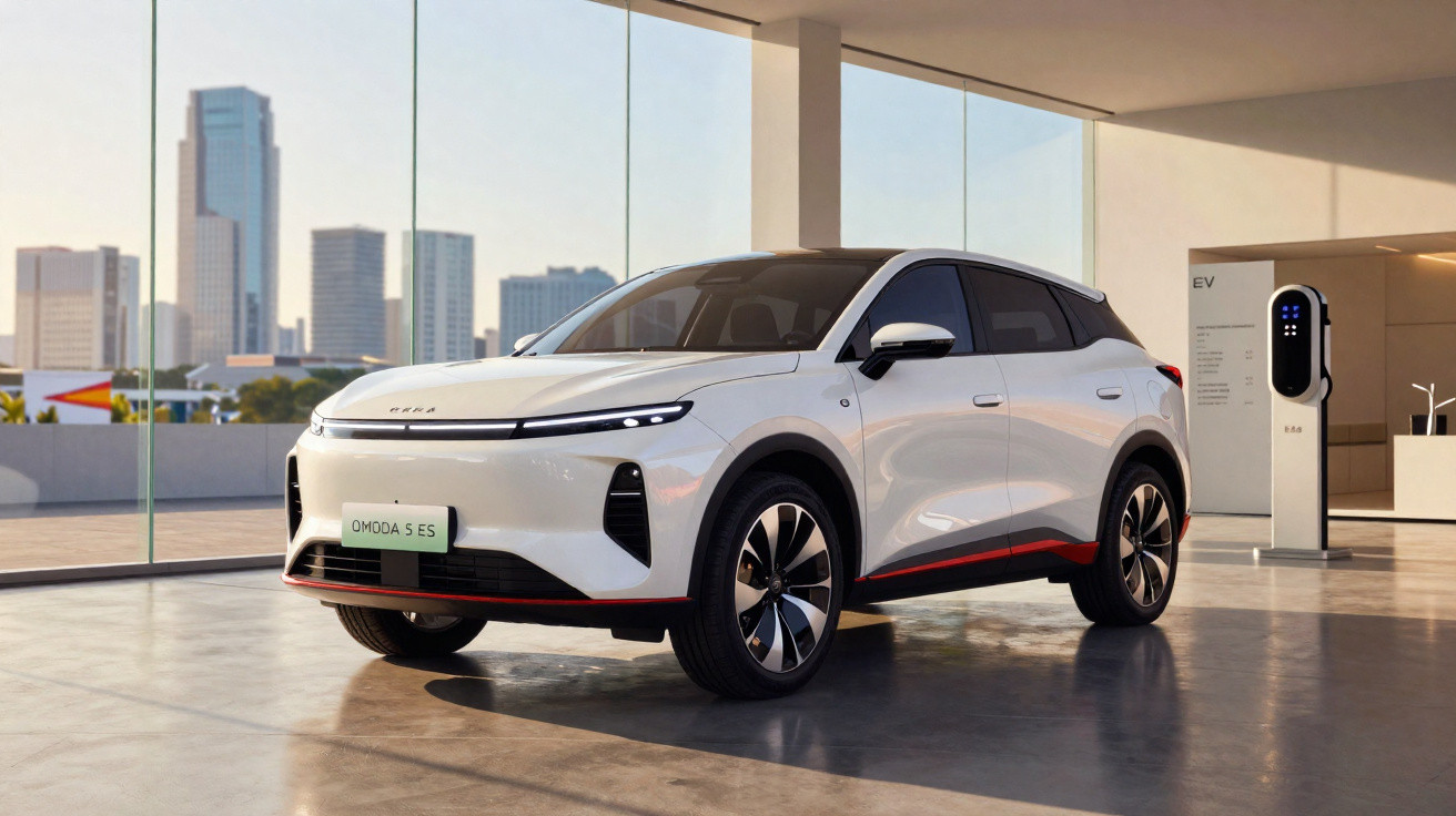 Weißes Elektro-SUV Xpeng Omoda 5 ES in modernem Showroom mit Glasfront und Ladesäule.