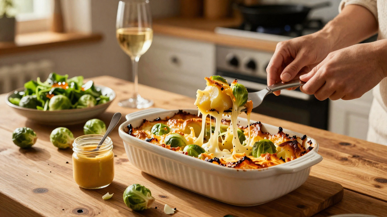 Person serviert überbackenen Rosenkohl mit geschmolzenem Käse aus Auflaufform in Küche mit Salat und Weißwein.