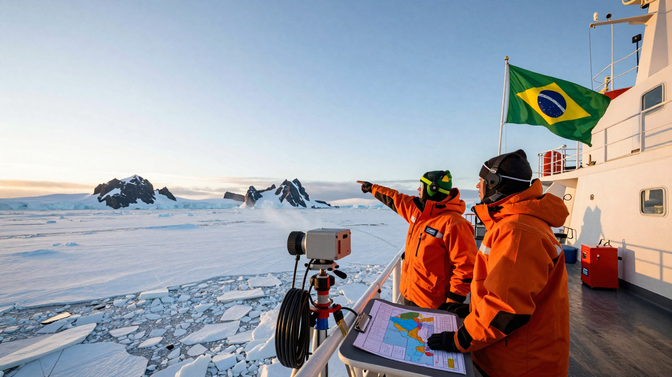 Zwei Forscher in orangen Anzügen auf Schiff mit brasilianischer Flagge beobachten Eislandschaft und Berge in der Antarktis.