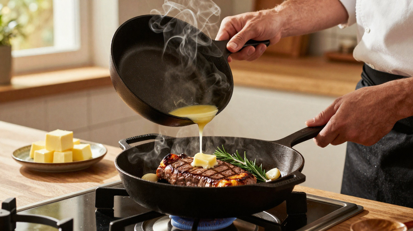 Person gießt geschmolzene Butter auf ein gegrilltes Steak in einer Pfanne auf dem Herd.