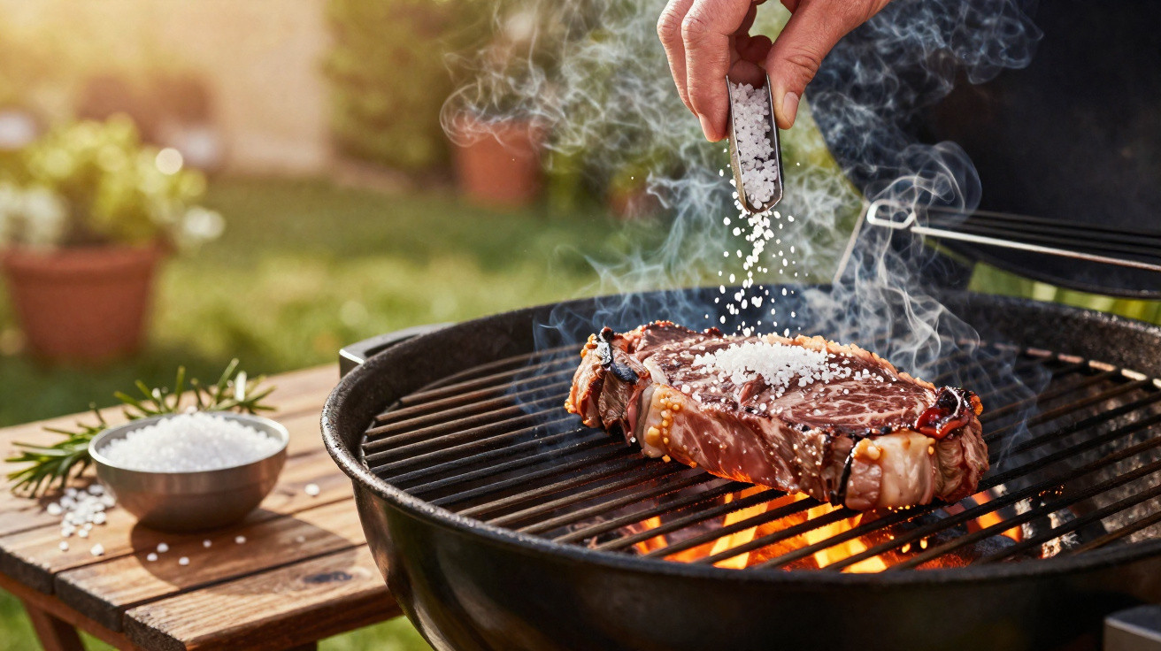 Hand streut grobes Salz auf ein Steak, das auf einem Grill mit Flammen im Garten liegt.