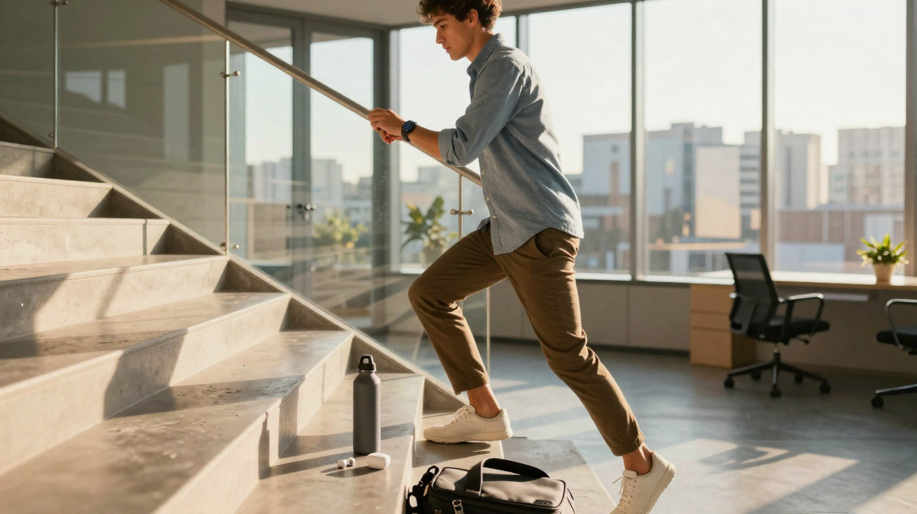 Junger Mann steigt Treppen im Büro hoch, trägt lässige Kleidung, neben ihm Wasserflasche und Tasche.
