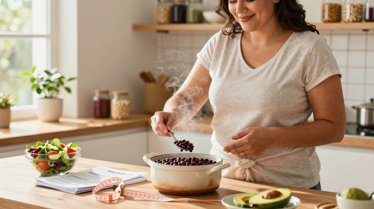 Frau kocht dampfende Bohnen in heller Küche, neben Salat, Avocado und Maßband auf Holztisch.
