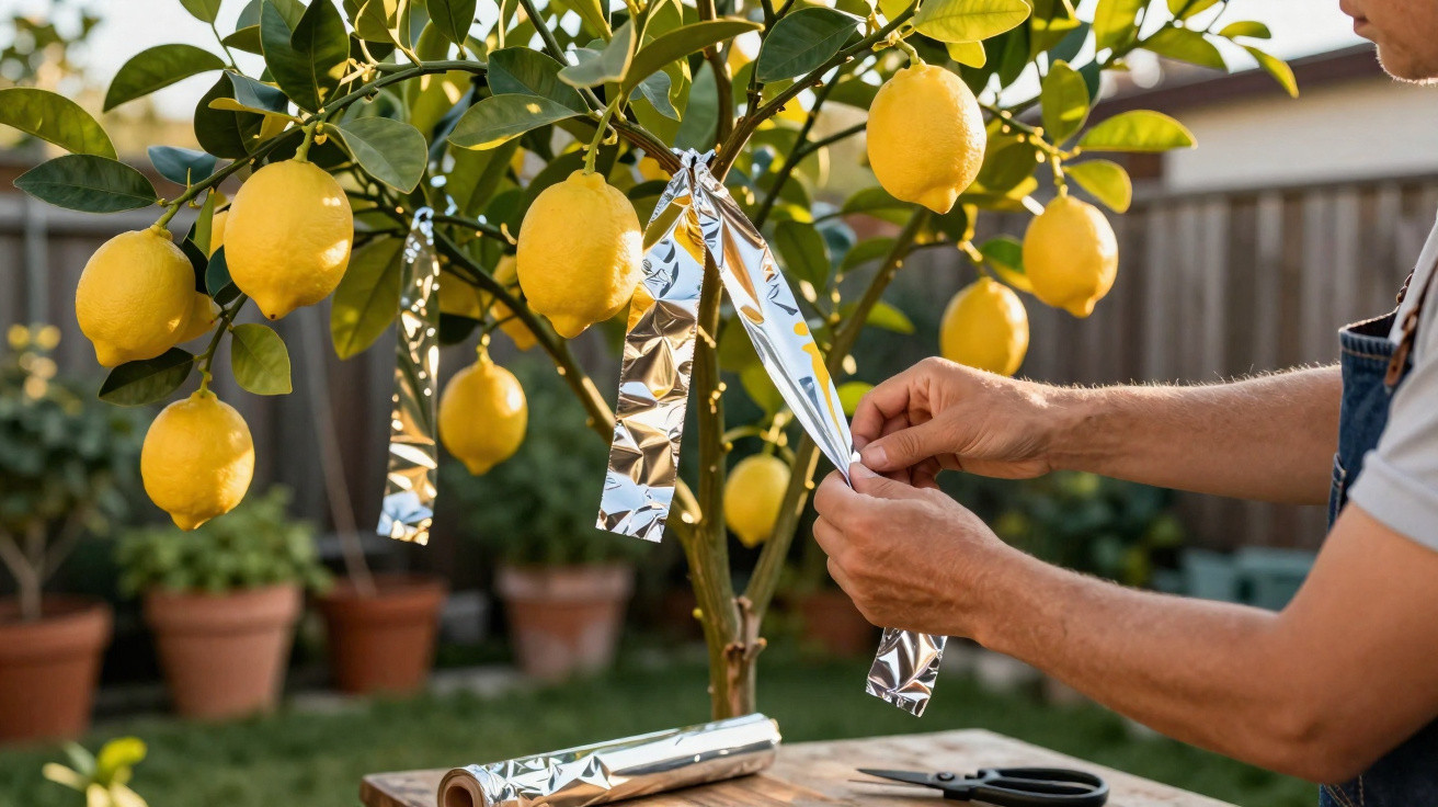 Person bindet reflektierende Streifen an einen Zitronenbaum im Garten zur Schädlingsabwehr.