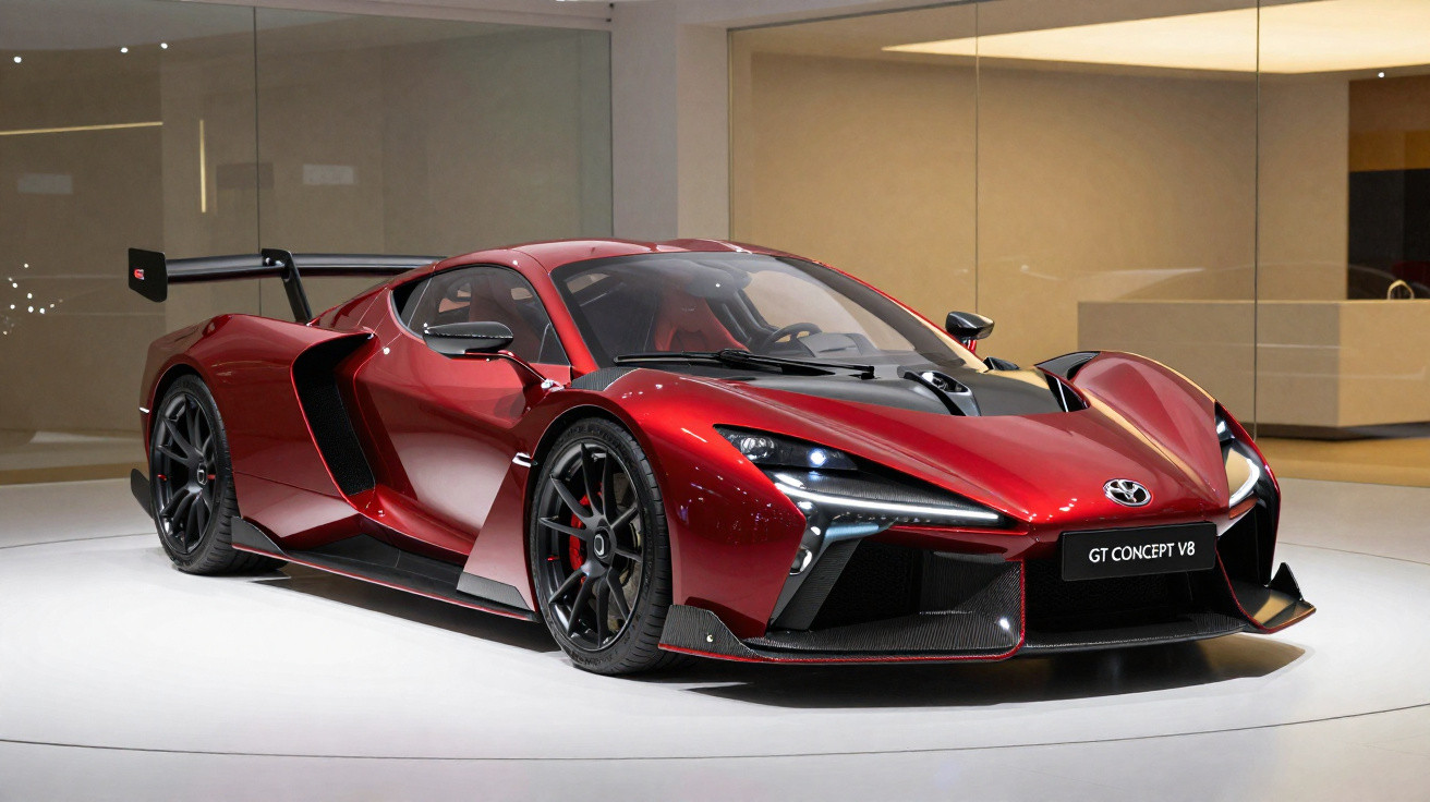 Roter Toyota GT Concept V8 Supersportwagen mit schwarzem Akzent in heller Ausstellungsumgebung.