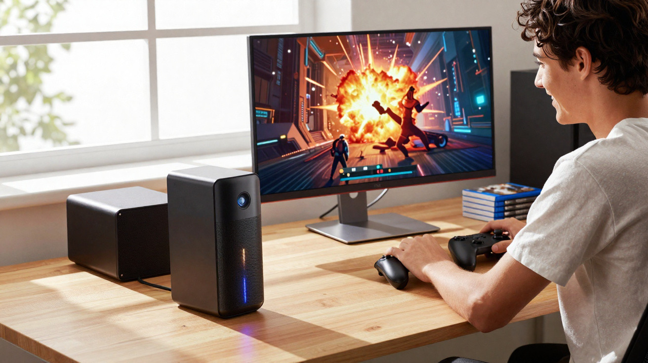 Junger Mann spielt Videospiel auf PC mit großem Monitor und Spielcontroller an hellem Holztisch.