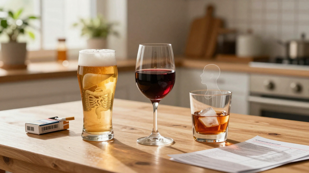 Drei verschiedene Getränkegläser mit Bier, Rotwein und Whisky stehen auf einem Holztisch in einer Küche.