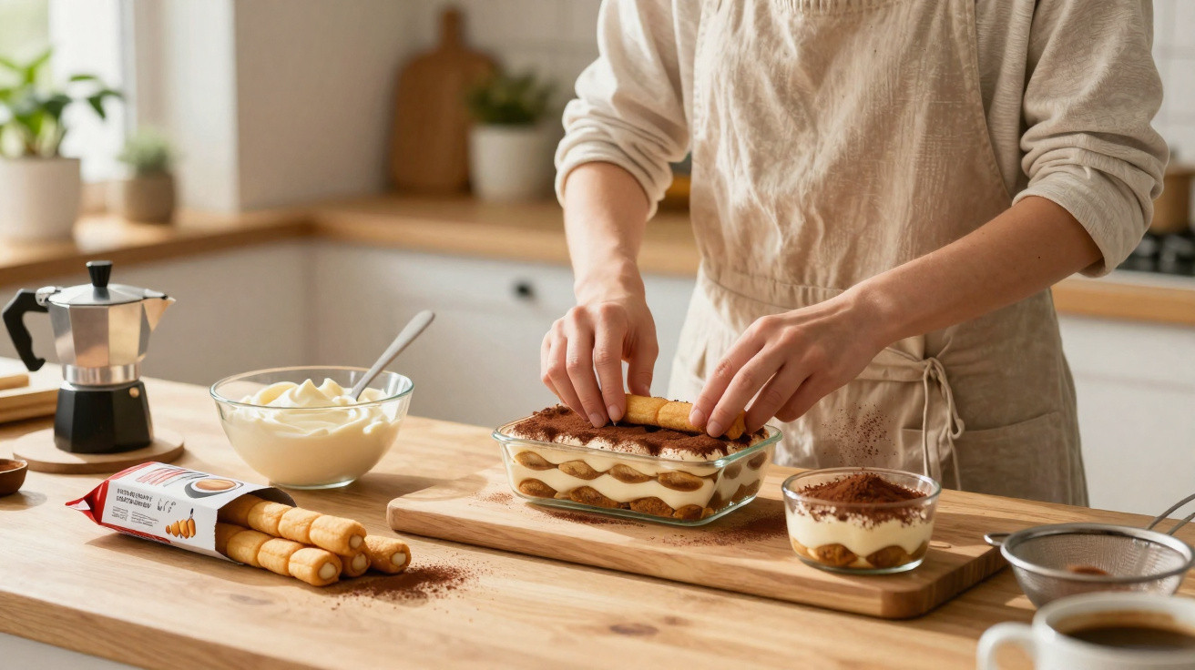 Person legt Löffelbiskuit auf Tiramisu in einer modernen Küche mit Zutaten auf der Arbeitsplatte.