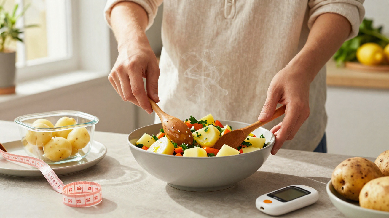 Person rührt dampfenden Kartoffel-Gemüse-Salat in Schüssel, Diabetes-Messgerät und Maßband auf Tisch.