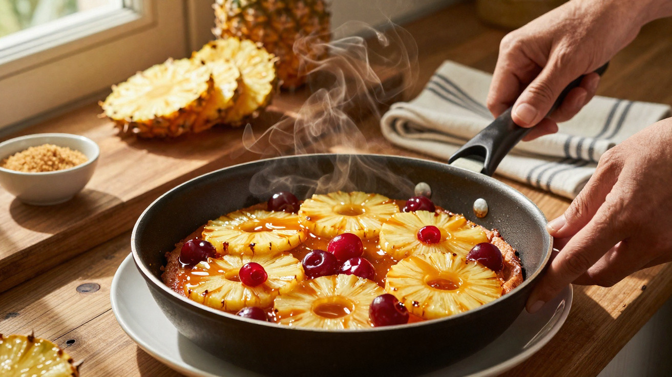 Frischer Ananaskuchen mit Kirschen in Pfanne, dampfend, auf Holztisch neben Ananasscheiben und braunem Zucker.