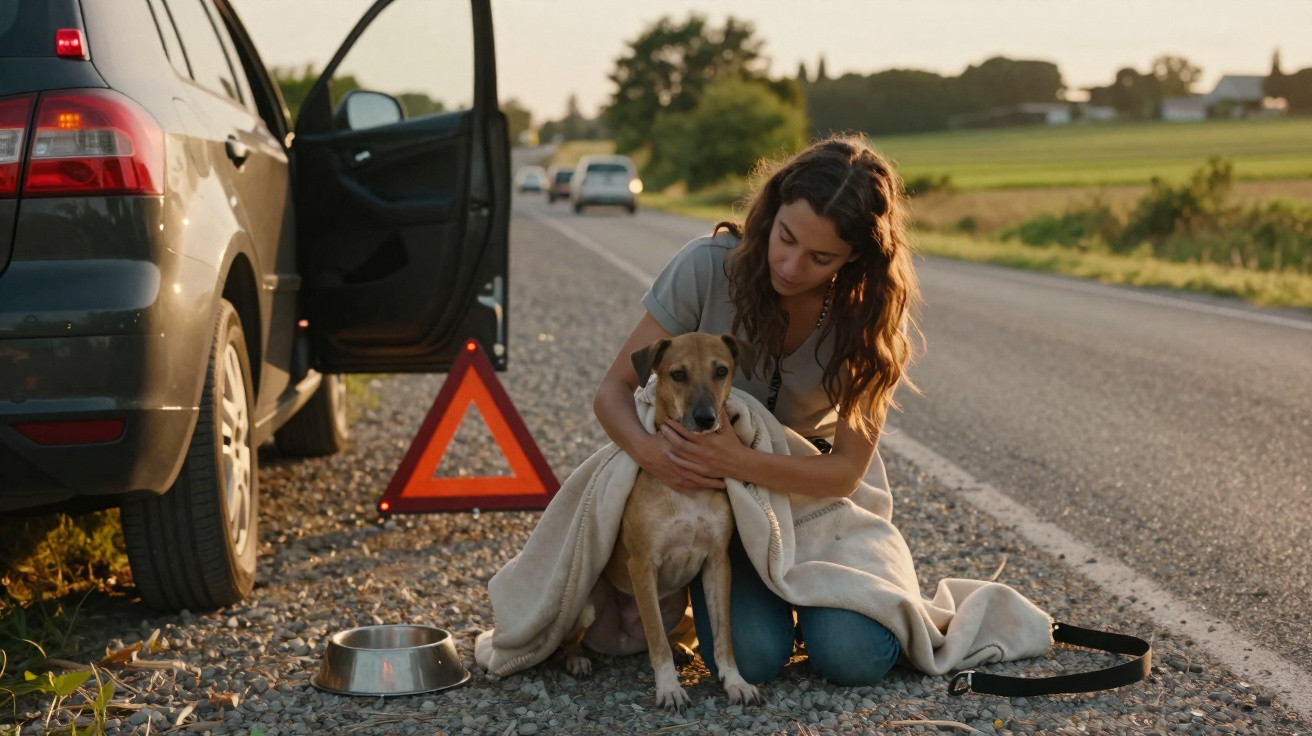 Frau wickelt Hund in Decke ein neben geöffneter Auto-Tür und Warndreieck auf Straßenrand bei Sonnenuntergang.