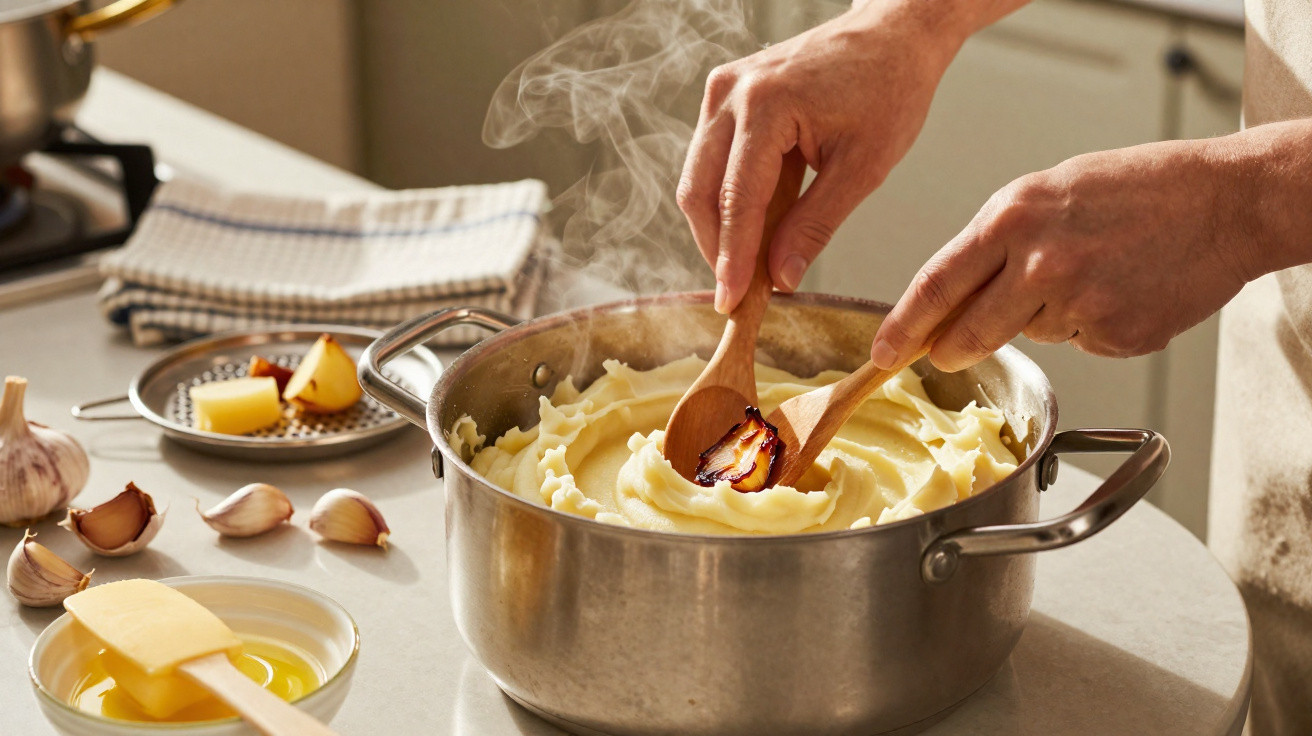 Dampfender Topf mit frisch zubereitetem Kartoffelpüree, garniert mit gebratenem Speck, Hände mit Holzlöffeln.