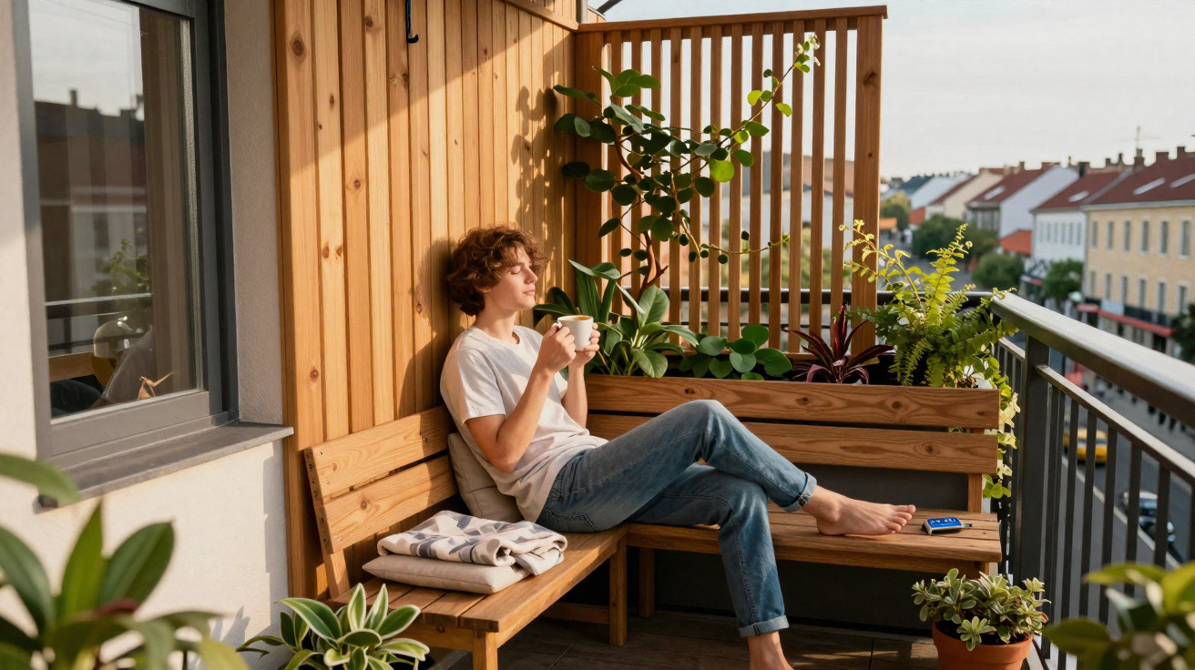 Junge Person sitzt entspannt mit Tasse auf Holzbank auf Balkon mit grünen Pflanzen bei Sonnenlicht.