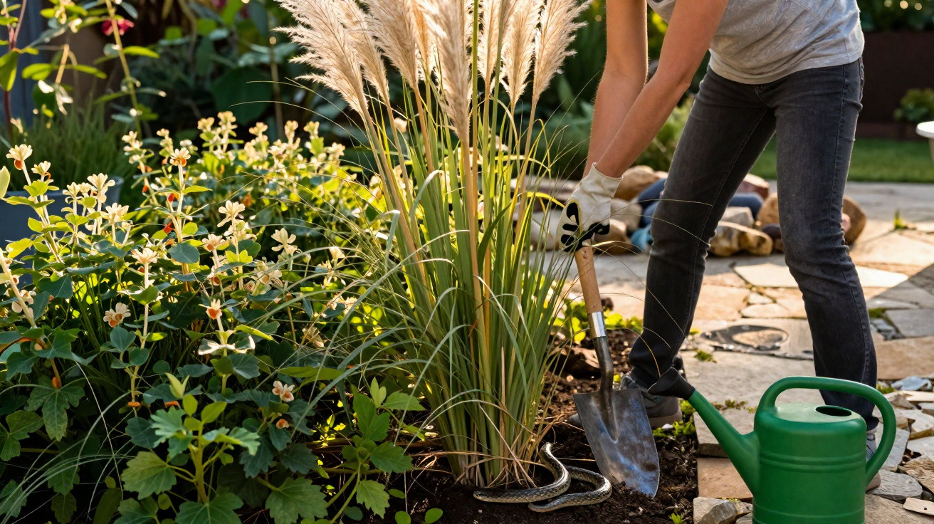 Person gräbt mit Handschuhen im Garten neben Ziergras, eine Schlange ist im Erdreich sichtbar.