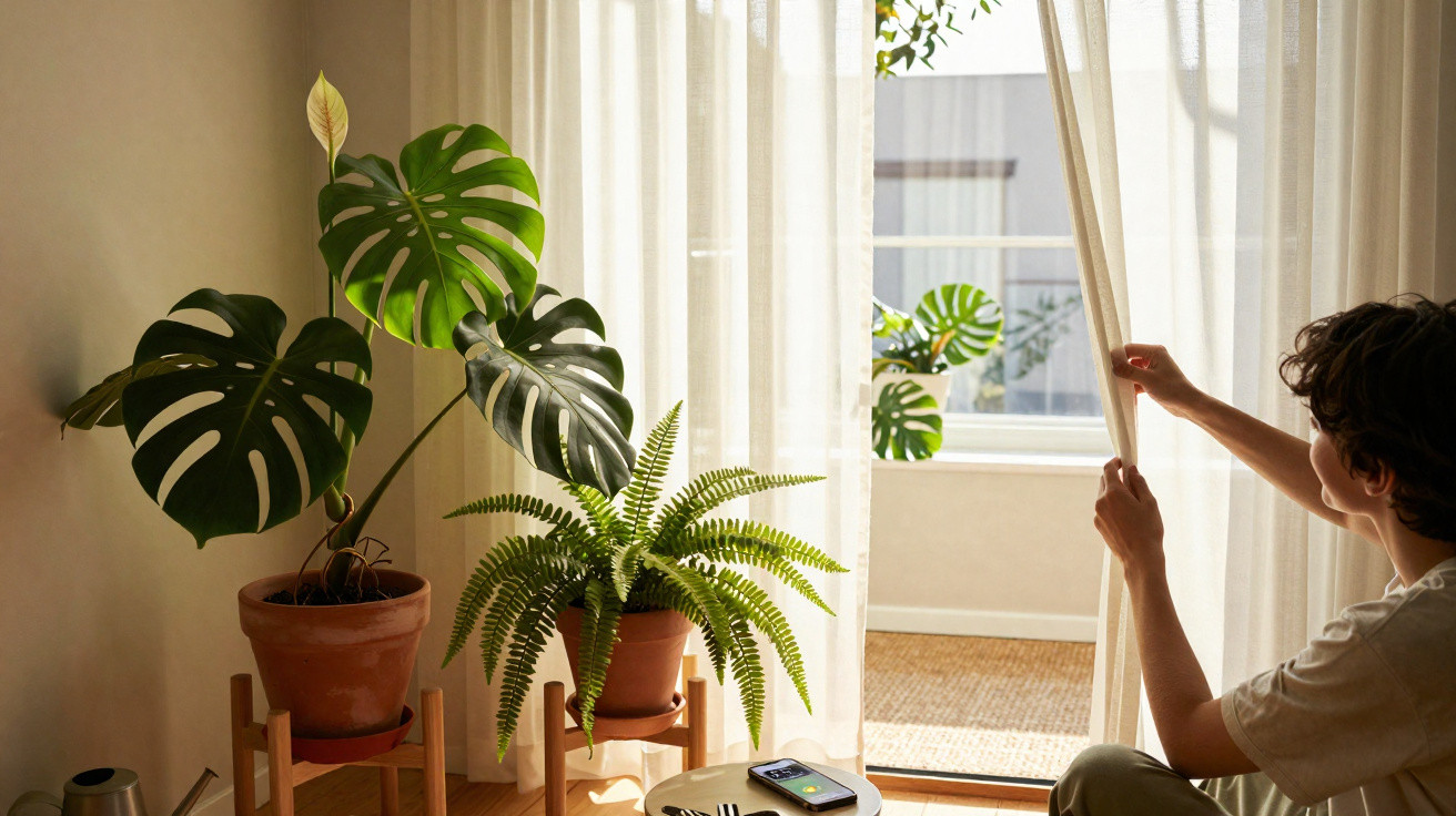 Person öffnet Gardine im hellen Raum mit Zimmerpflanzen und Blick auf Balkon mit weiteren Pflanzen.