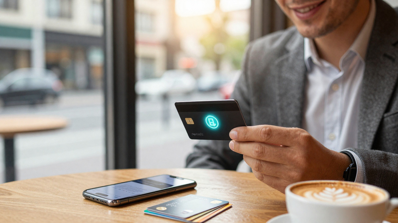 Mann hält eine digitale Karte vor Smartphone, auf Tisch liegen weitere Karten und eine Tasse Kaffee in Café.