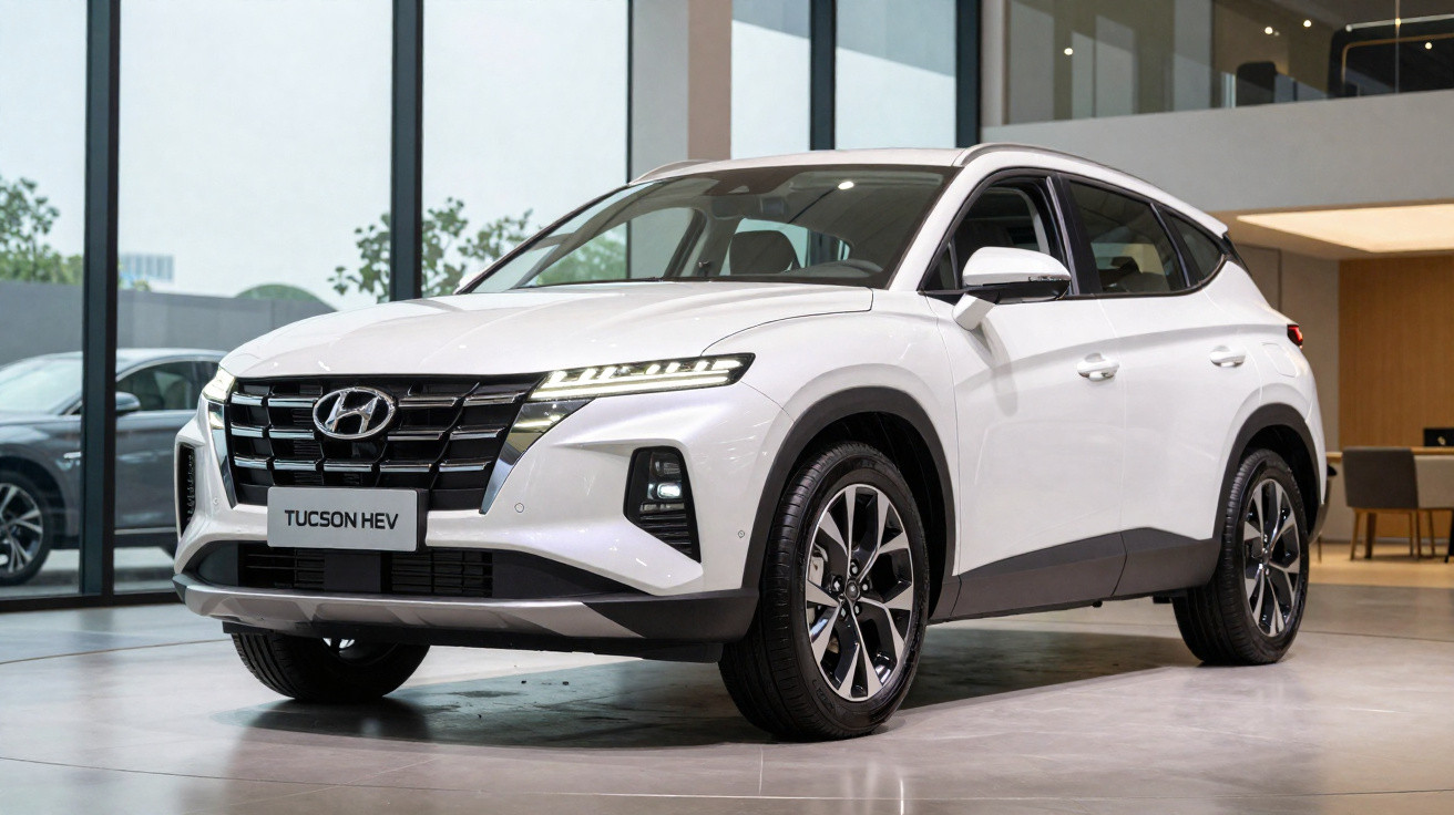 Weißer Hyundai Tucson HEV SUV im modernen Showroom mit großen Glasfenstern.