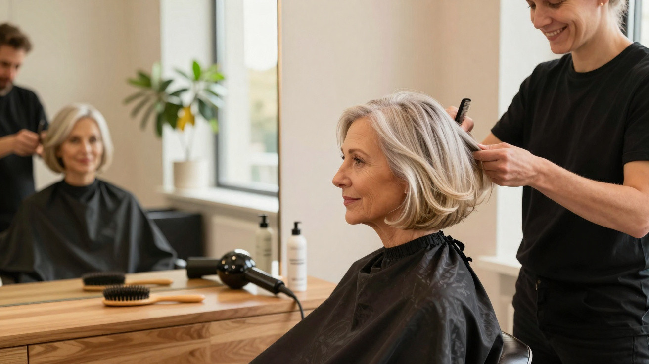 Ältere Frau beim Friseur, der ihre grauen Haare schneidet, mit Spiegel und Haarpflegeprodukten im Hintergrund.