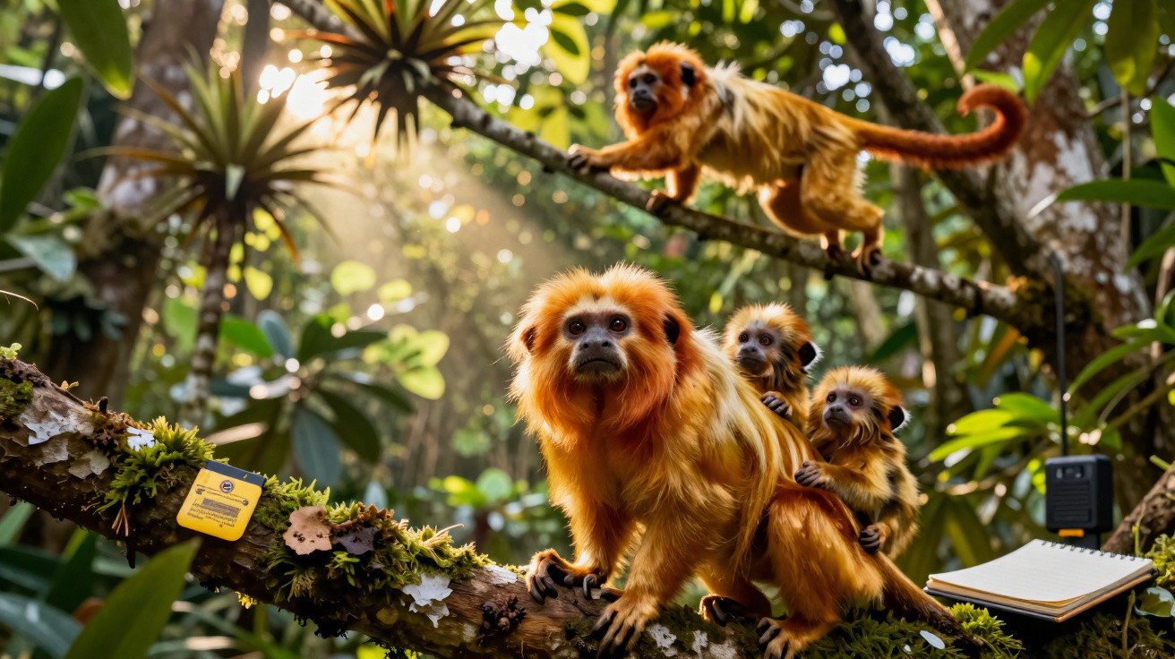 Vier goldene Löwenäffchen auf einem Ast im tropischen Wald bei Sonnenlicht