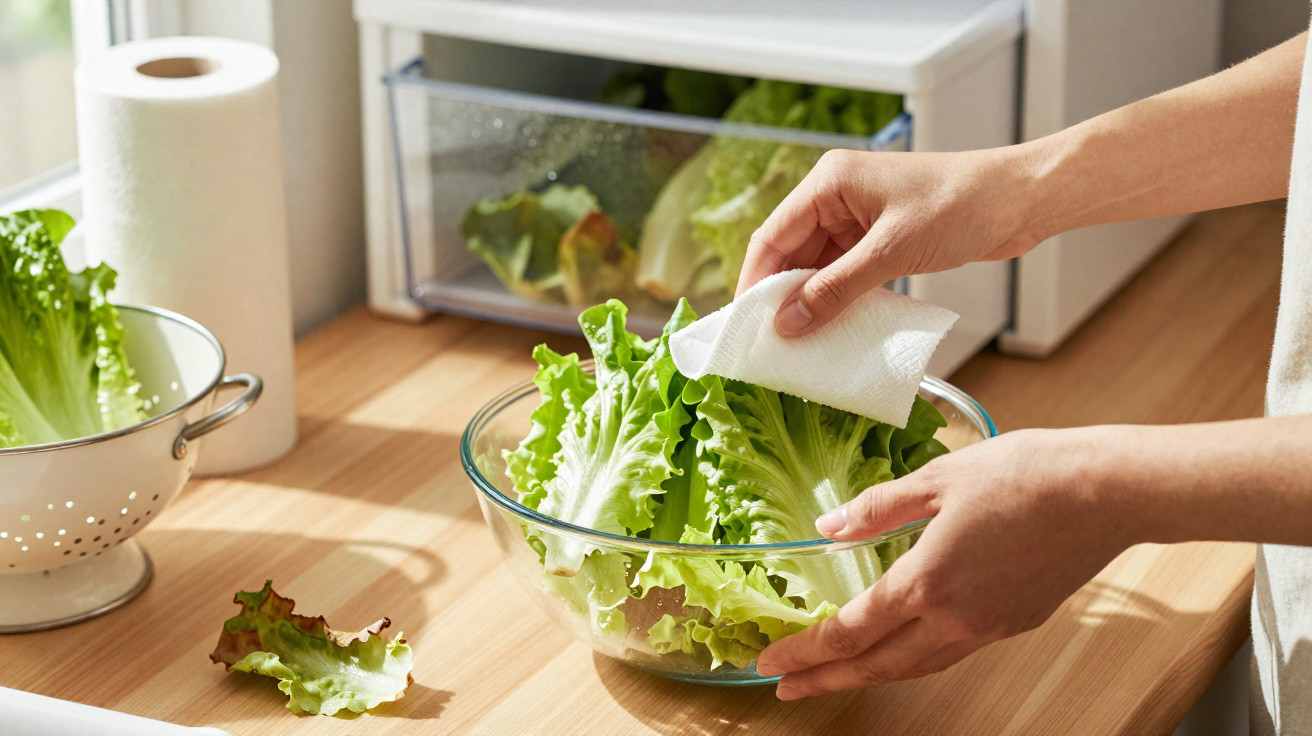 Person trocknet grünen Salat mit Küchenpapier in einer Glas-Schüssel auf Holzarbeitsplatte.