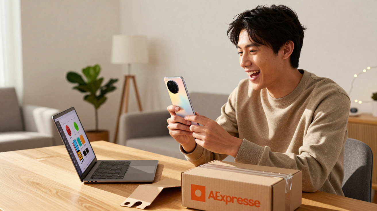 Junger Mann sitzt am Tisch, hält Smartphone und schaut lächelnd auf Laptop mit geöffnetem Paket.