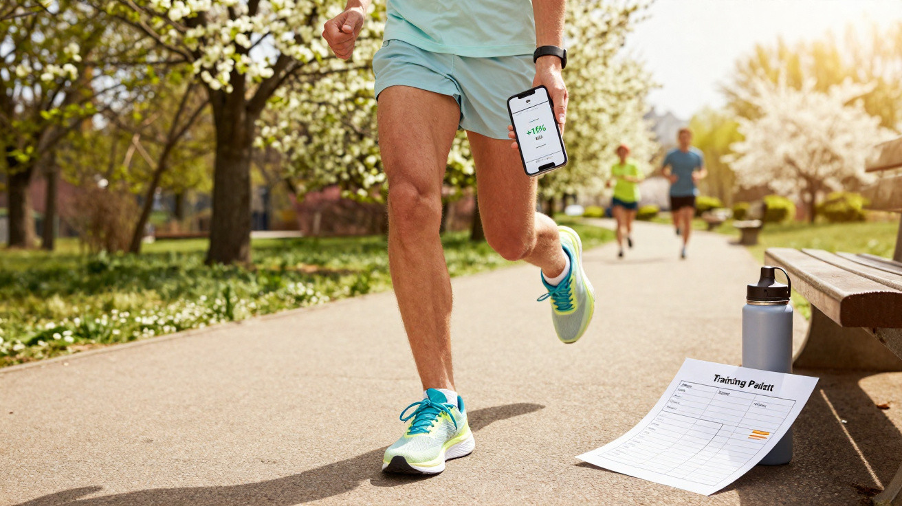 Mann joggt im Park, hält Smartphone mit Trainingsfortschritt, Wasserflasche und Trainingsplan auf Bank neben Weg.