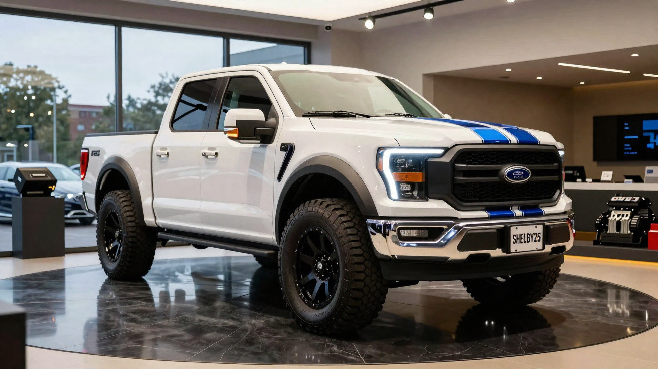 Weißer Ford Pickup mit blauen Streifen, großen Reifen, in einem hellen Showroom stehend.