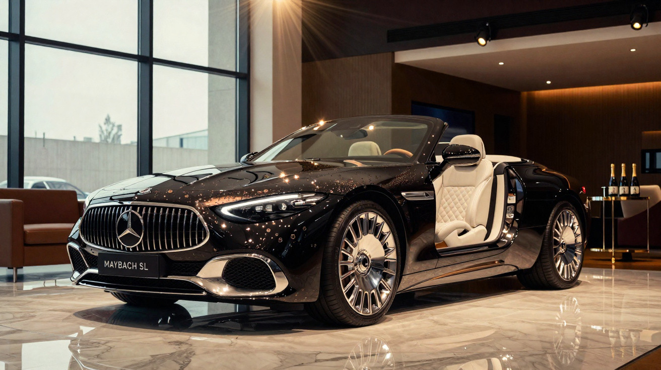 Schwarzer Mercedes Maybach SL Cabrio mit offenem Fahrer- tür und weißem Innenraum in modernem Showroom.