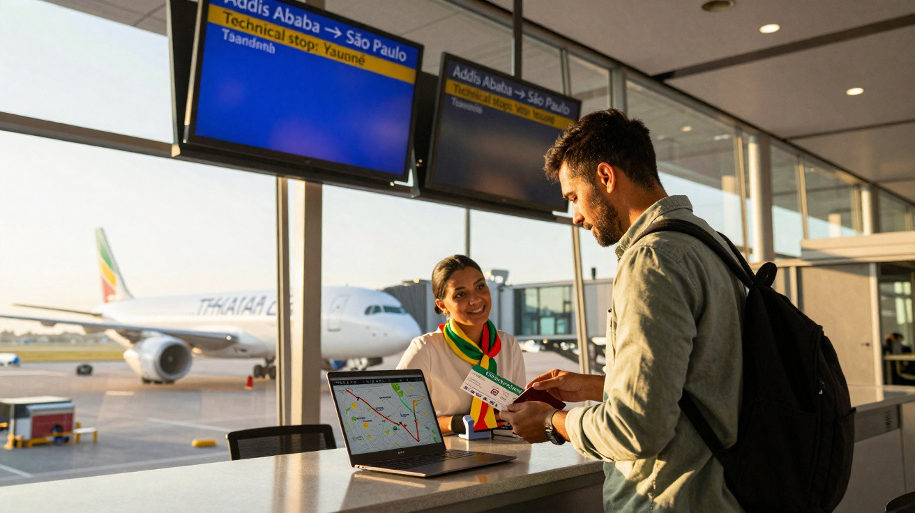Mann zeigt sein Flugticket einer Flughafenmitarbeiterin am Check-in-Schalter mit Flugzeug im Hintergrund.