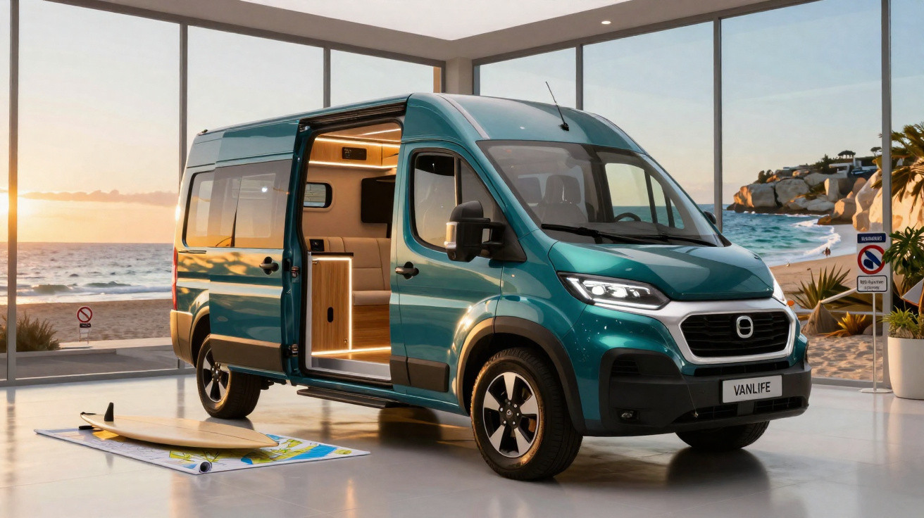 Grüner Vanlife-Campingbus mit geöffneter Schiebetür, Surfbrett und Karte, mit Blick auf Strand und Meer.