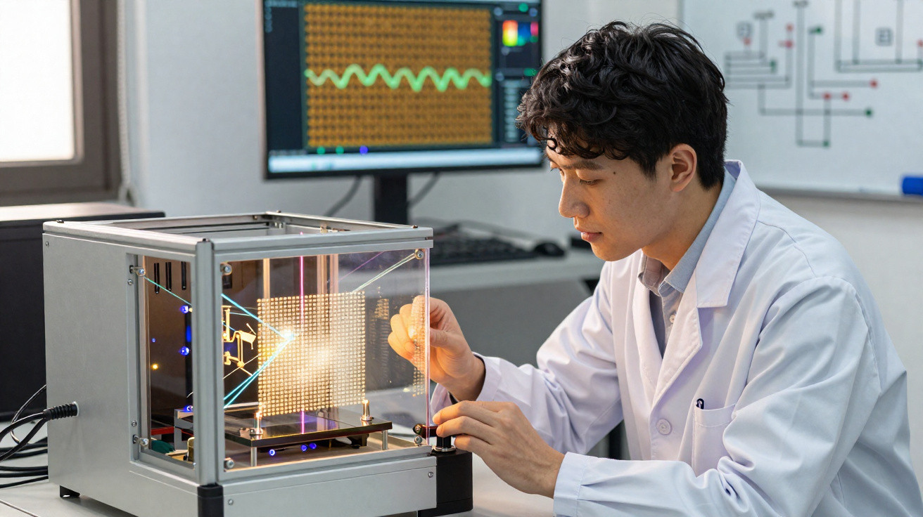 Wissenschaftler in weißem Laborkittel bedient 3D-Drucker, im Hintergrund Computer mit Diagrammen im Labor.