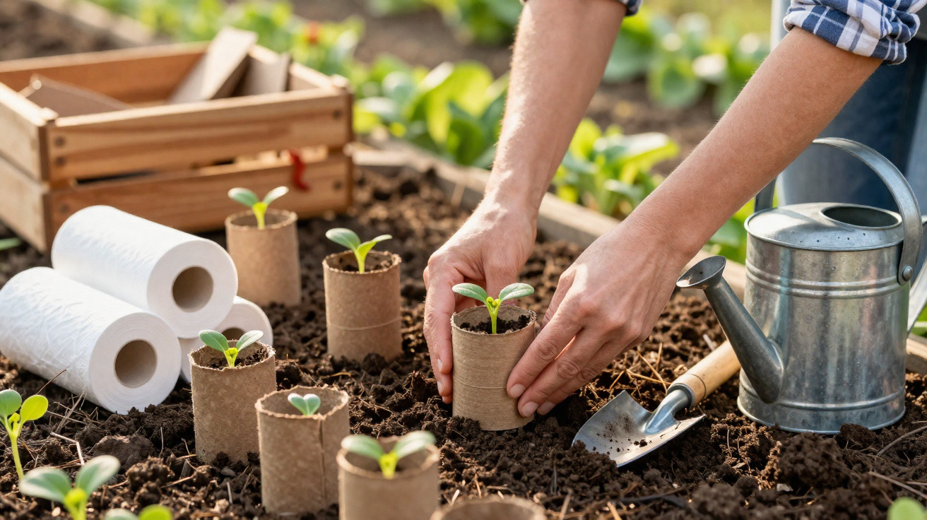 Person pflanzt Setzling in biologisch abbaubaren Töpfen im Garten mit Gießkanne und Handspaten.
