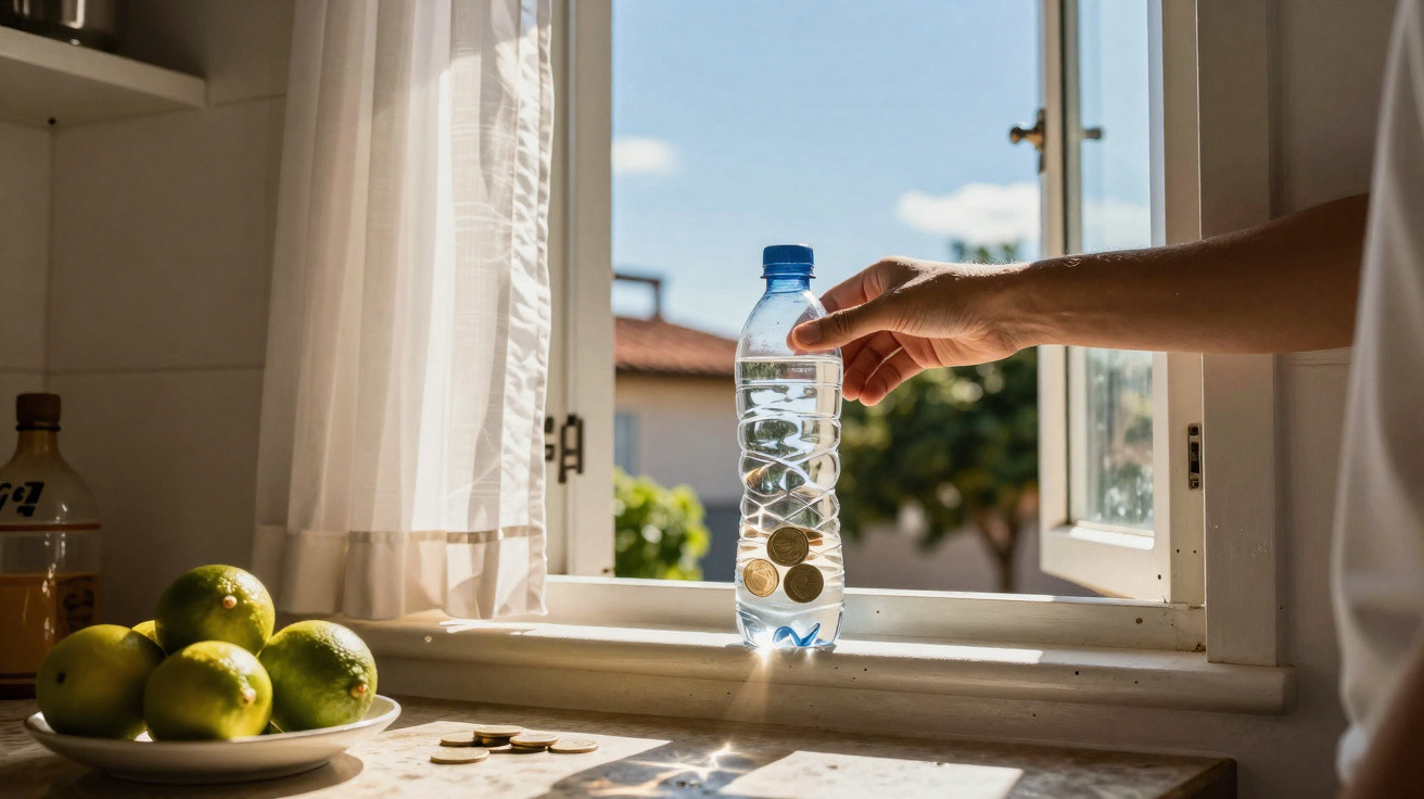 Hand legt Plastikflasche mit Münzen auf Fensterbrett, Sonnenlicht, Küchenplatte mit Früchten und Geld.