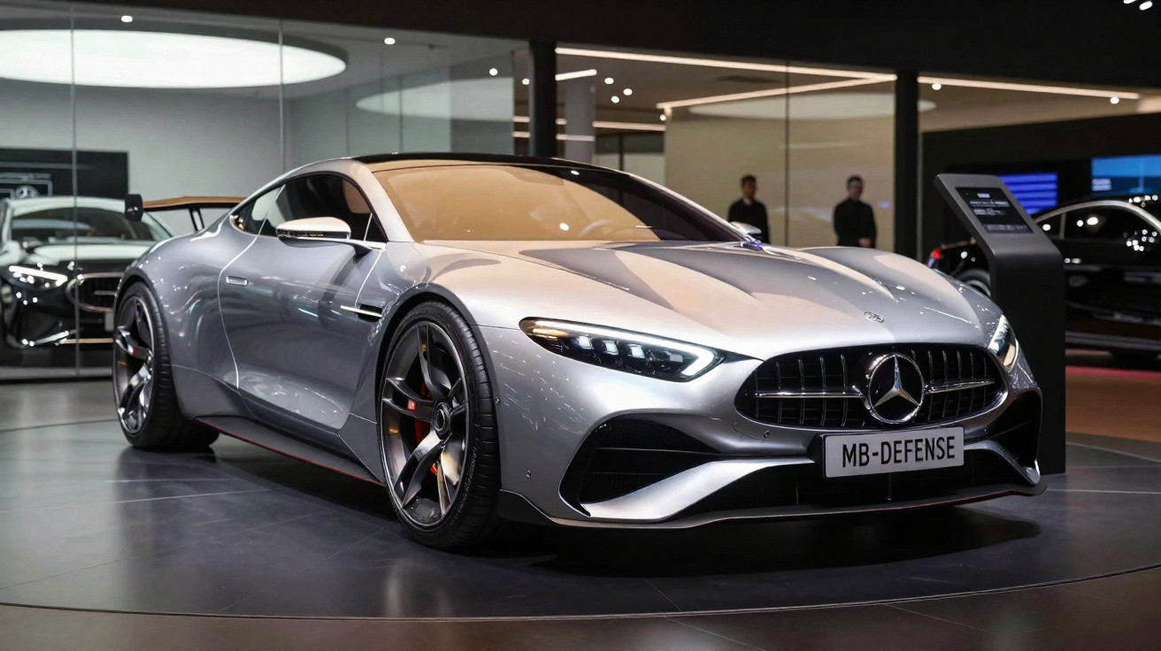 Silberner Mercedes-Sportwagen mit LED-Scheinwerfern und markantem Kühlergrill in moderner Ausstellungshalle.